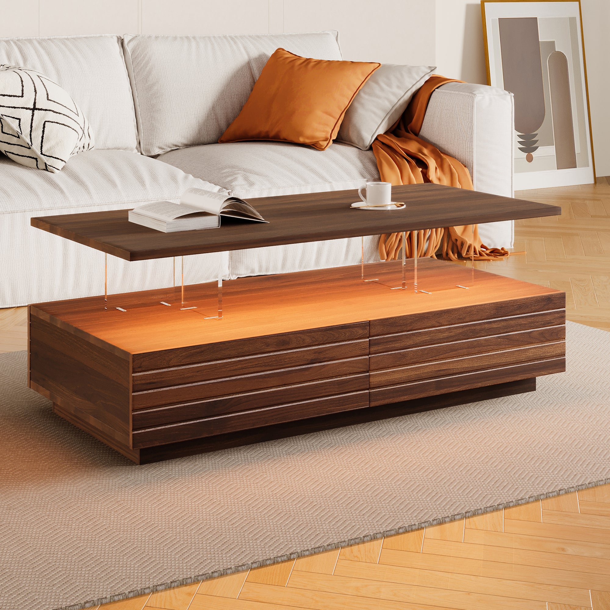 Modern Walnut Rectangular LED Lights Coffee Table with 2 drawers in 47.2'