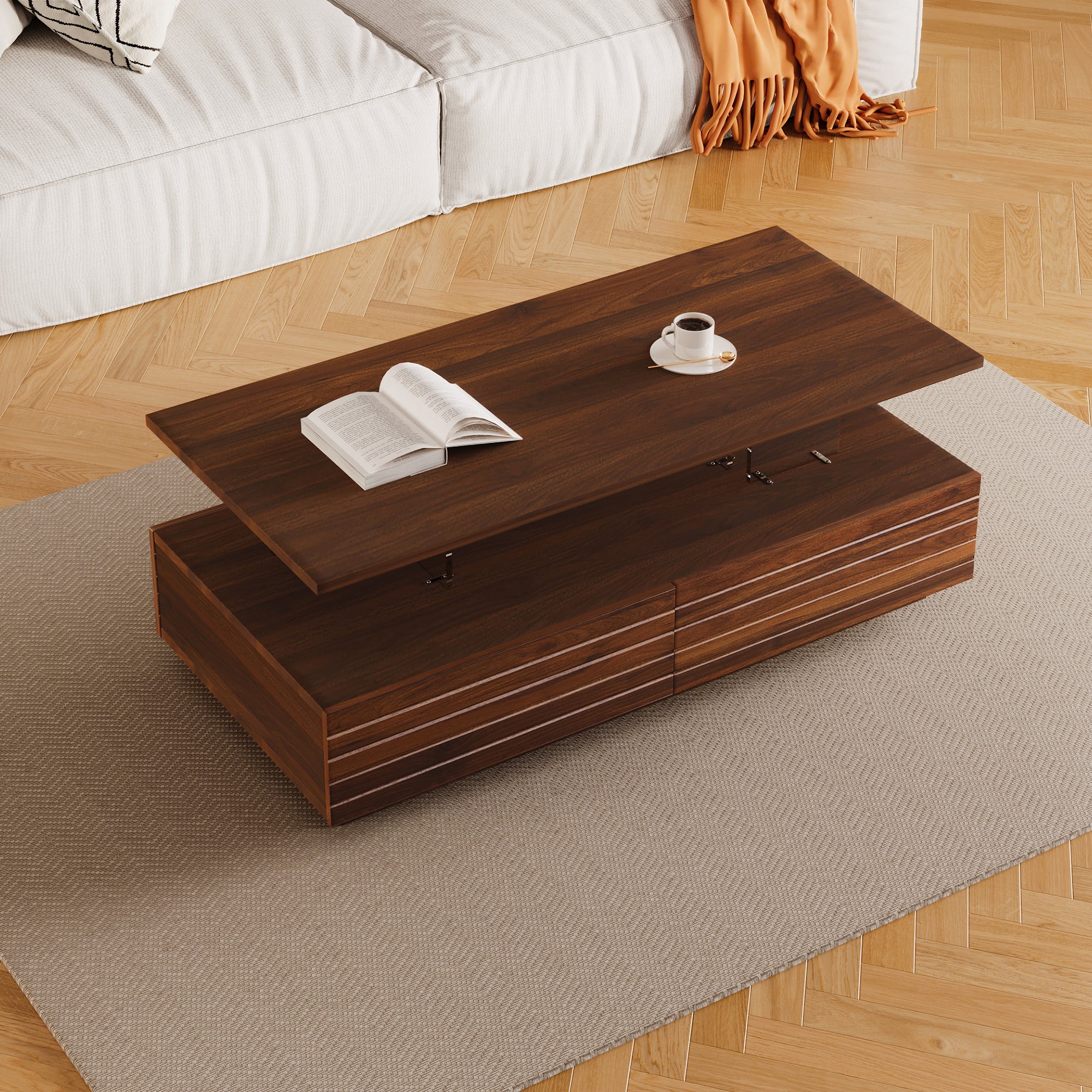 Modern Walnut Rectangular LED Lights Coffee Table with 2 drawers in 47.2'
