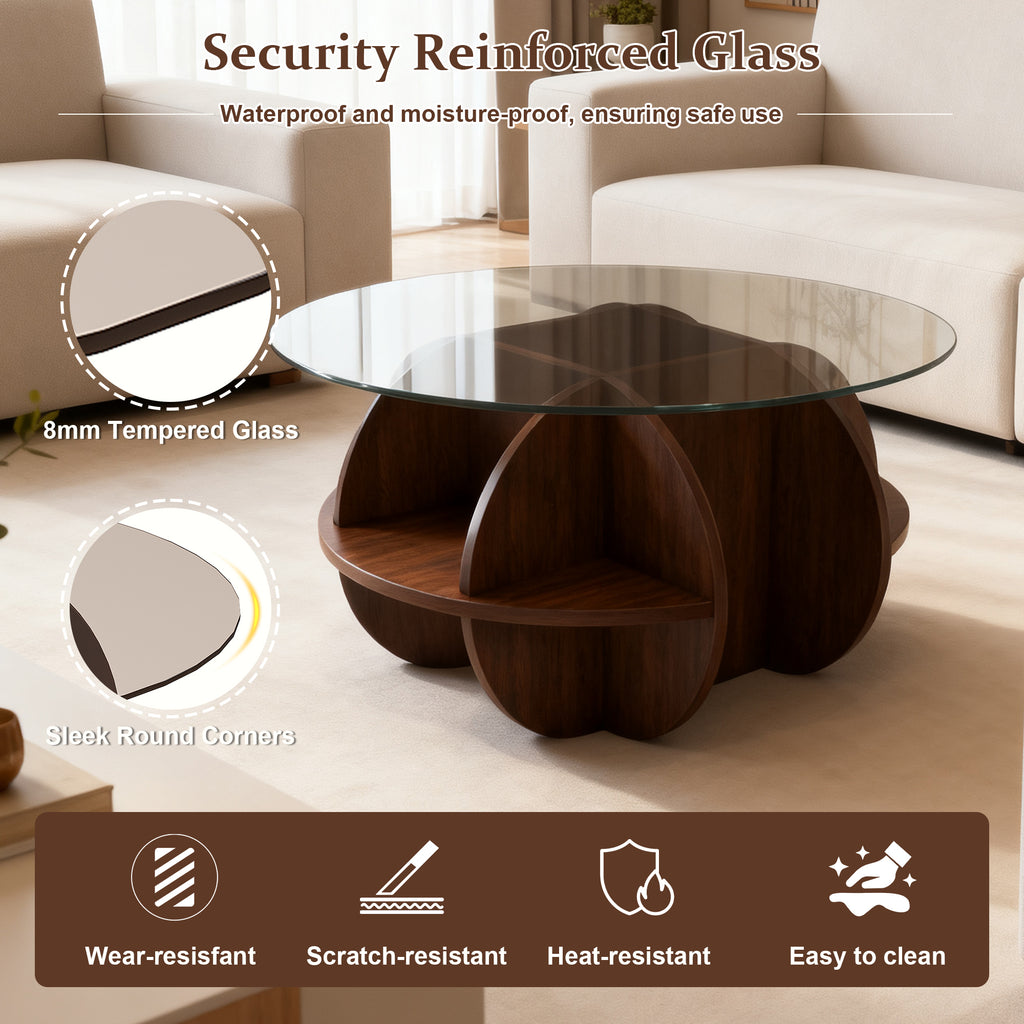 Round Coffee Table with Storage, 31.5 Inch Modern Farmhouse Center Table with Tempered Glass Top and Wooden MDF Frame in Walnut Brown for Living Room, Space-Saving Design Coffee Table