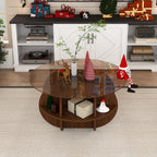 Round Coffee Table with Storage, 31.5 Inch Modern Farmhouse Center Table with Tempered Glass Top and Wooden MDF Frame in Walnut Brown for Living Room, Space-Saving Design Coffee Table