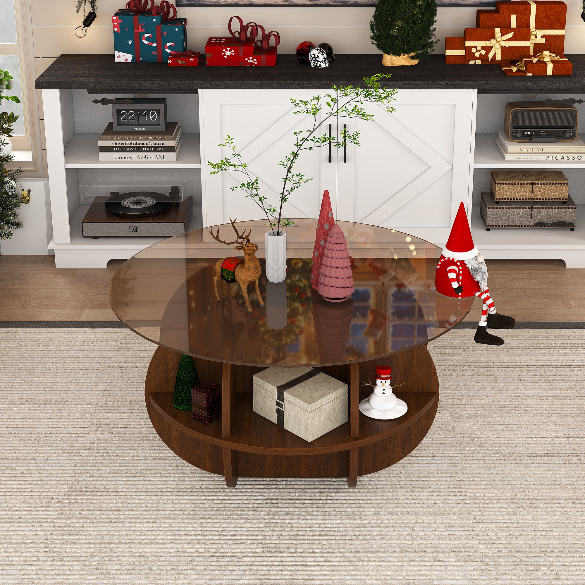 Round Coffee Table with Storage, 31.5 Inch Modern Farmhouse Center Table with Tempered Glass Top and Wooden MDF Frame in Walnut Brown for Living Room, Space-Saving Design Coffee Table