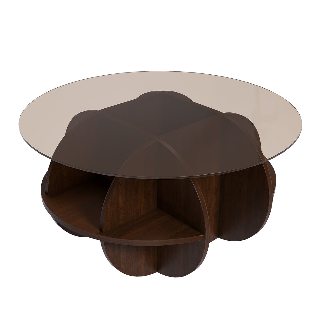 Round Coffee Table with Storage, 31.5 Inch Modern Farmhouse Center Table with Tempered Glass Top and Wooden MDF Frame in Walnut Brown for Living Room, Space-Saving Design Coffee Table