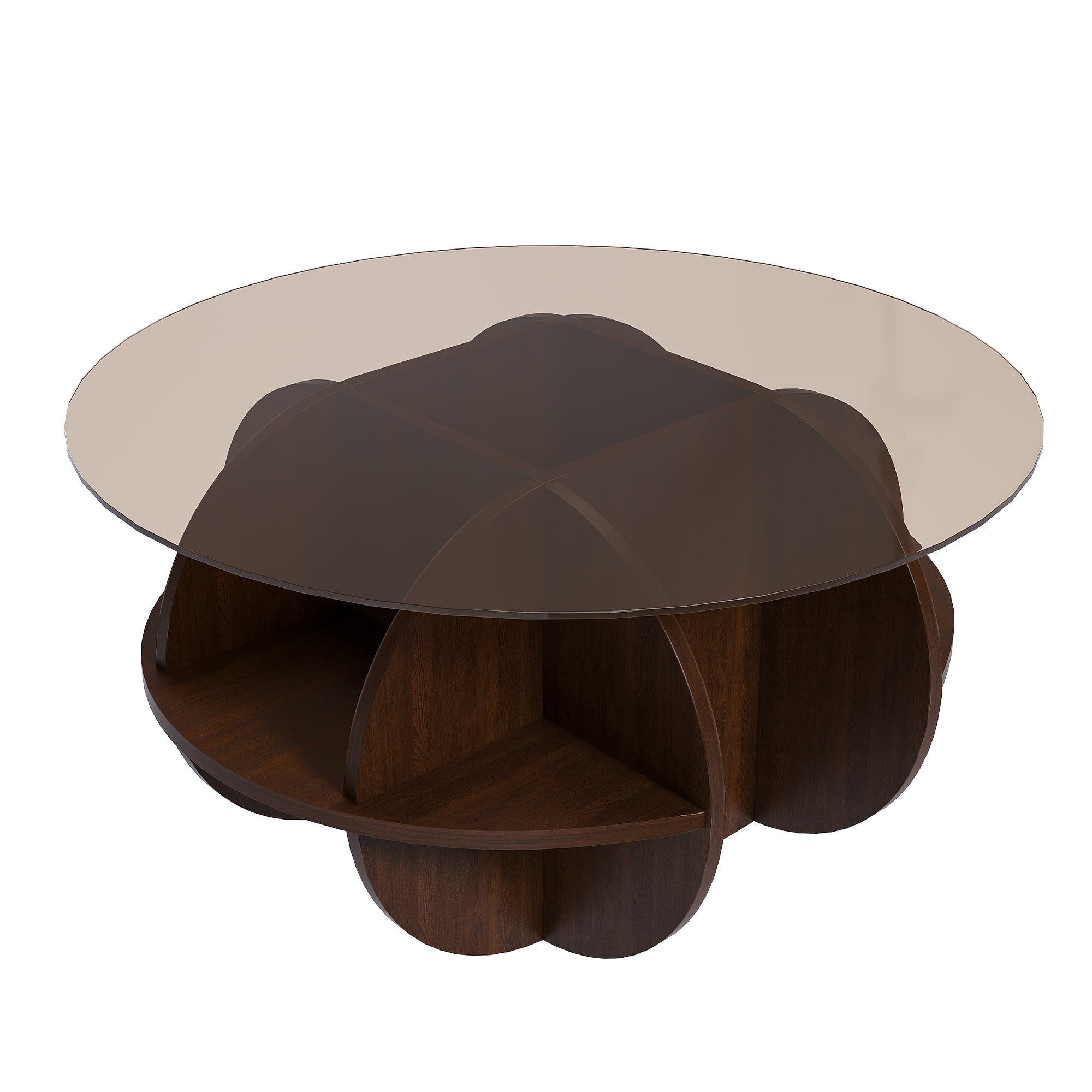 Round Coffee Table with Storage, 31.5 Inch Modern Farmhouse Center Table with Tempered Glass Top and Wooden MDF Frame in Walnut Brown for Living Room, Space-Saving Design Coffee Table