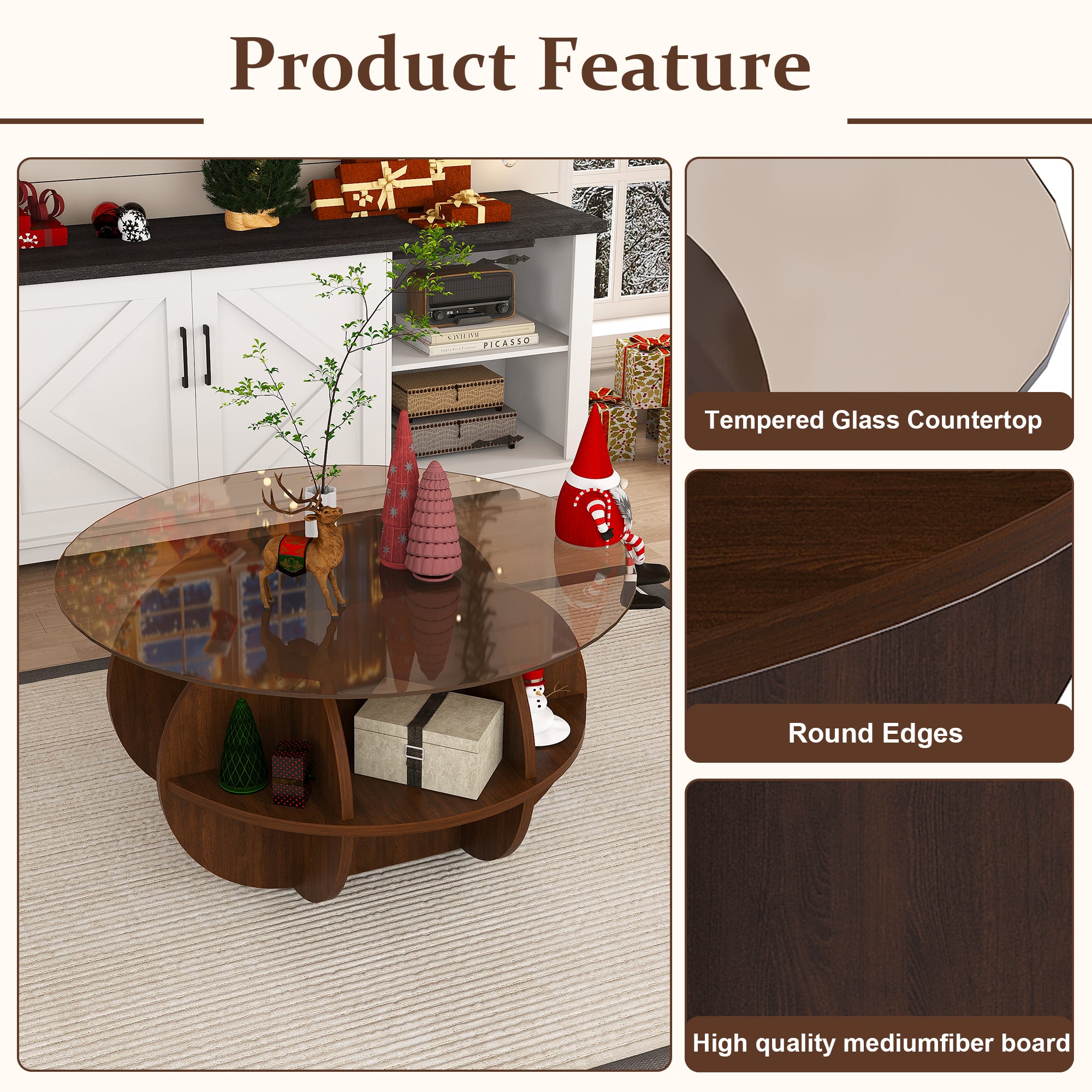 Round Coffee Table with Storage, 31.5 Inch Modern Farmhouse Center Table with Tempered Glass Top and Wooden MDF Frame in Walnut Brown for Living Room, Space-Saving Design Coffee Table