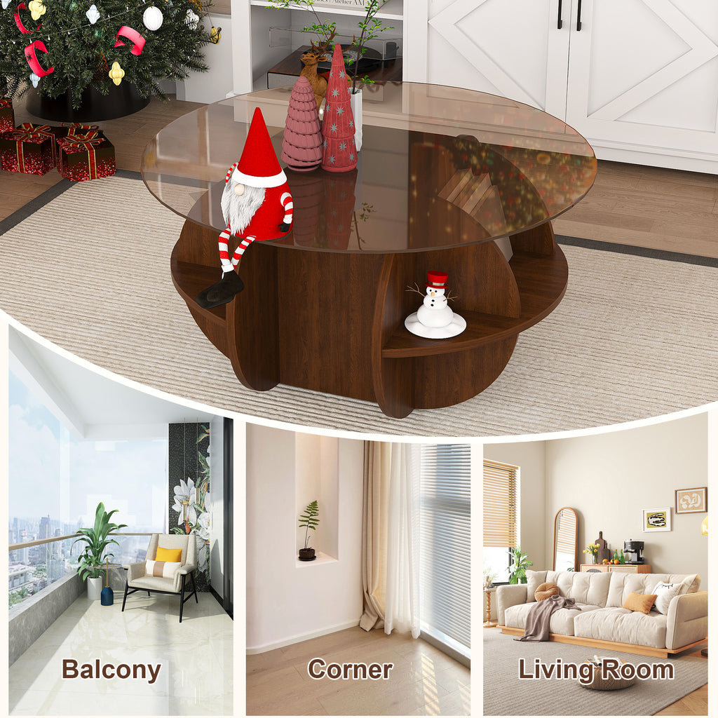Round Coffee Table with Storage, 31.5 Inch Modern Farmhouse Center Table with Tempered Glass Top and Wooden MDF Frame in Walnut Brown for Living Room, Space-Saving Design Coffee Table