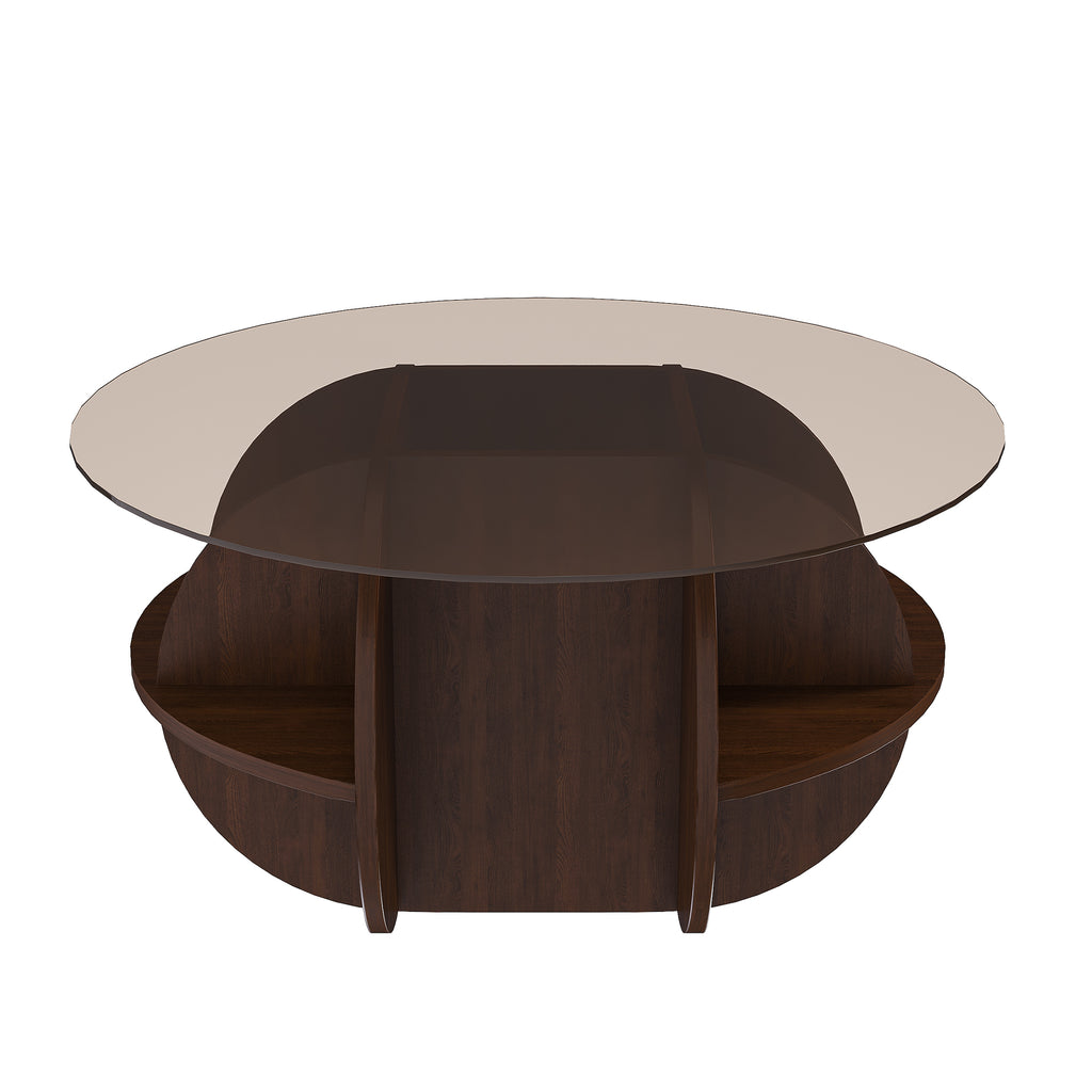 Round Coffee Table with Storage, 31.5 Inch Modern Farmhouse Center Table with Tempered Glass Top and Wooden MDF Frame in Walnut Brown for Living Room, Space-Saving Design Coffee Table
