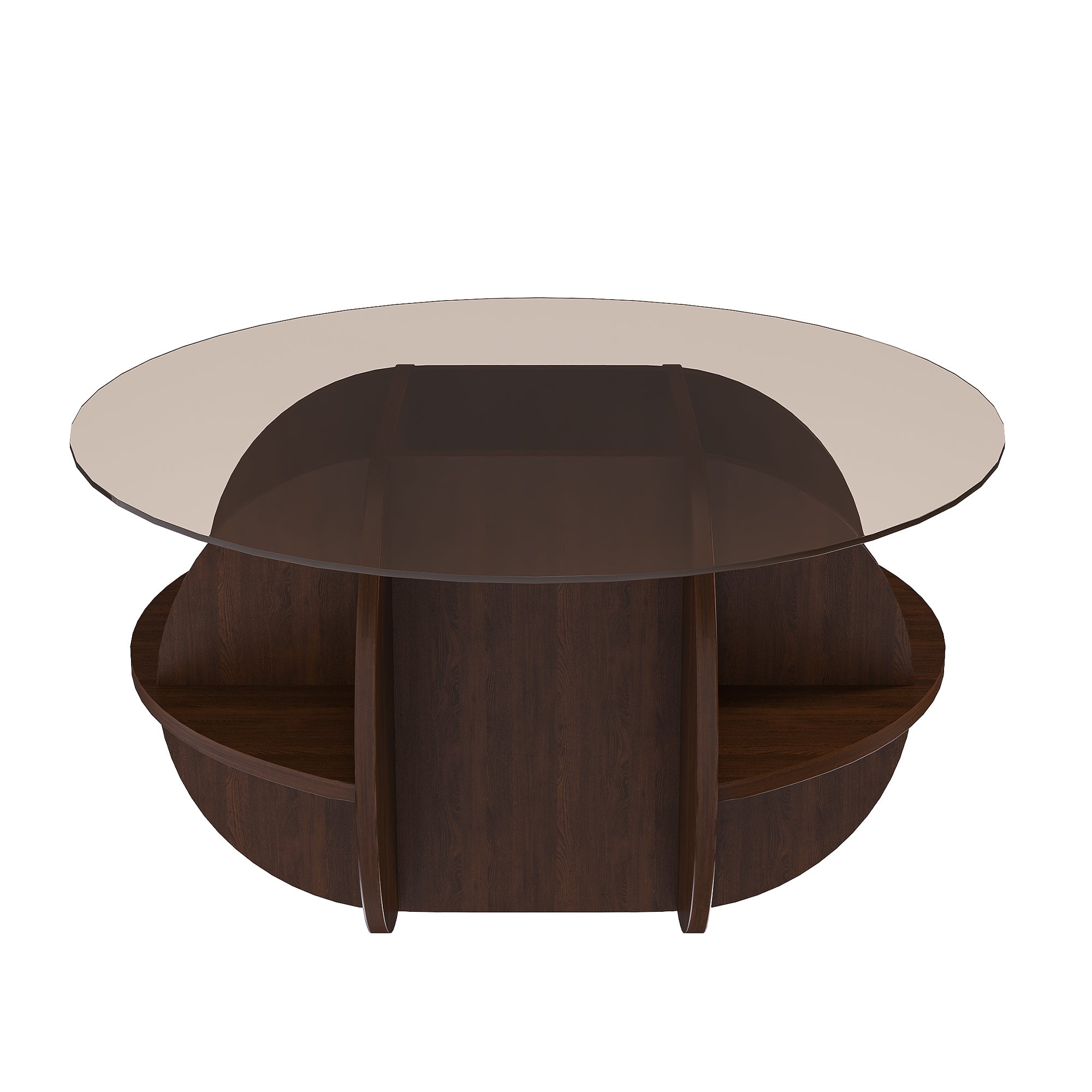 Round Coffee Table with Storage, 31.5 Inch Modern Farmhouse Center Table with Tempered Glass Top and Wooden MDF Frame in Walnut Brown for Living Room, Space-Saving Design Coffee Table