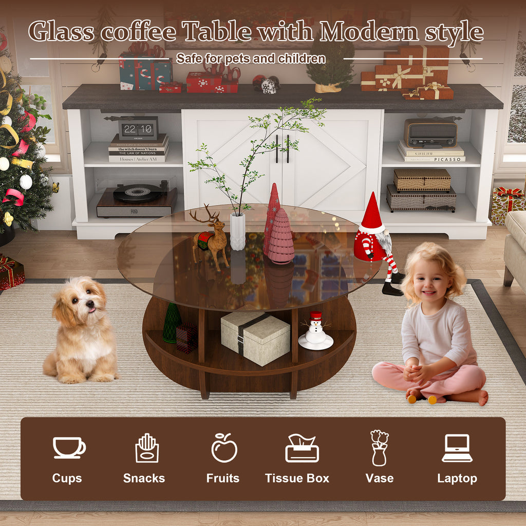 Round Coffee Table with Storage, 31.5 Inch Modern Farmhouse Center Table with Tempered Glass Top and Wooden MDF Frame in Walnut Brown for Living Room, Space-Saving Design Coffee Table