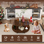 Round Coffee Table with Storage, 31.5 Inch Modern Farmhouse Center Table with Tempered Glass Top and Wooden MDF Frame in Walnut Brown for Living Room, Space-Saving Design Coffee Table