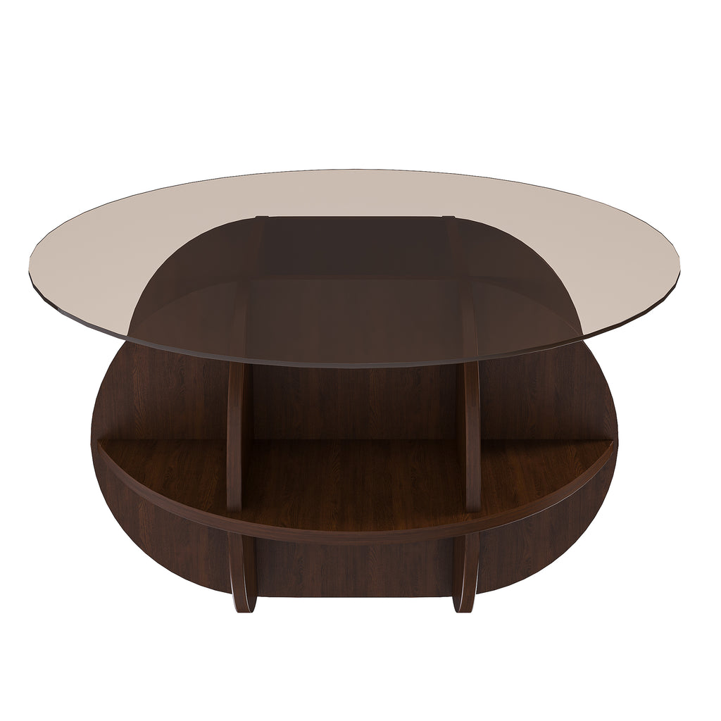 Round Coffee Table with Storage, 31.5 Inch Modern Farmhouse Center Table with Tempered Glass Top and Wooden MDF Frame in Walnut Brown for Living Room, Space-Saving Design Coffee Table