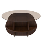 Round Coffee Table with Storage, 31.5 Inch Modern Farmhouse Center Table with Tempered Glass Top and Wooden MDF Frame in Walnut Brown for Living Room, Space-Saving Design Coffee Table