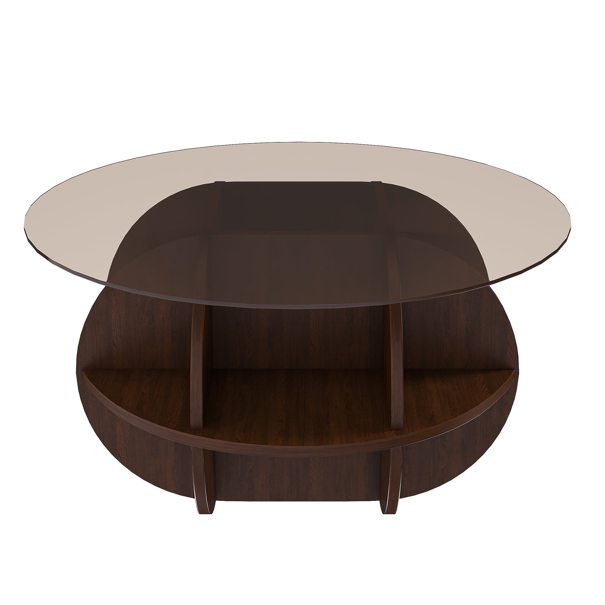 Round Coffee Table with Storage, 31.5 Inch Modern Farmhouse Center Table with Tempered Glass Top and Wooden MDF Frame in Walnut Brown for Living Room, Space-Saving Design Coffee Table