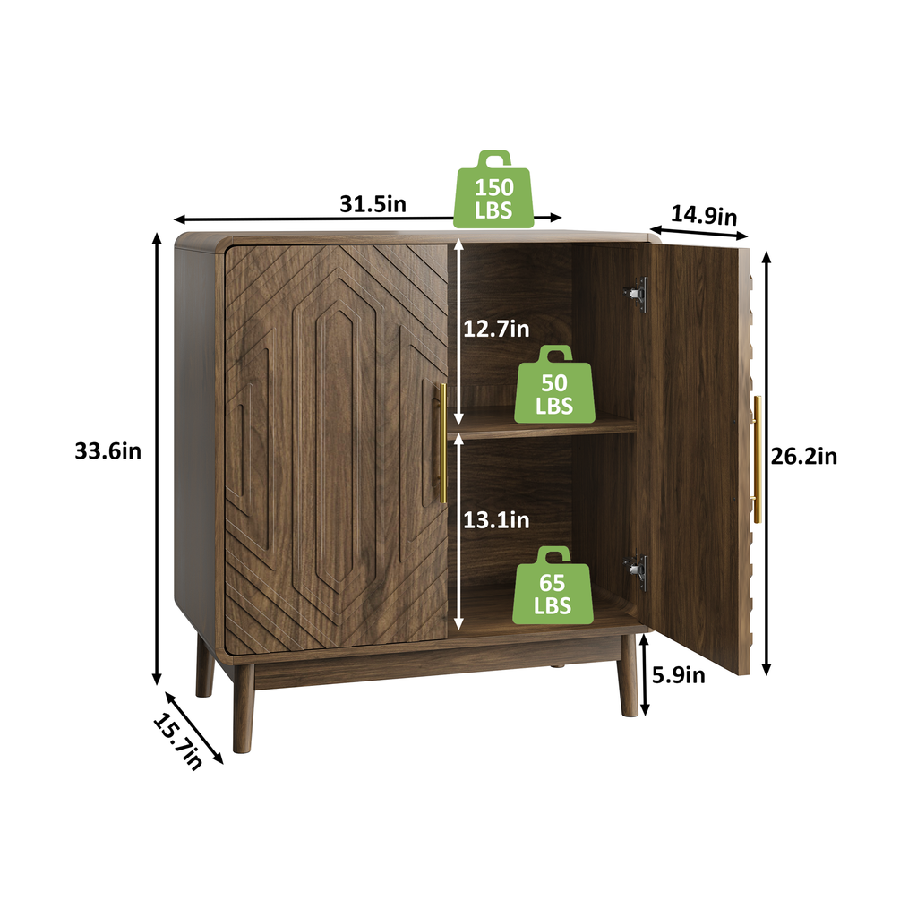 Modern Sideboard Buffet Cabinet with Carved 2 Doors and Adjustable Layer Board for Living Room and Kitchen, Walnut, MDF