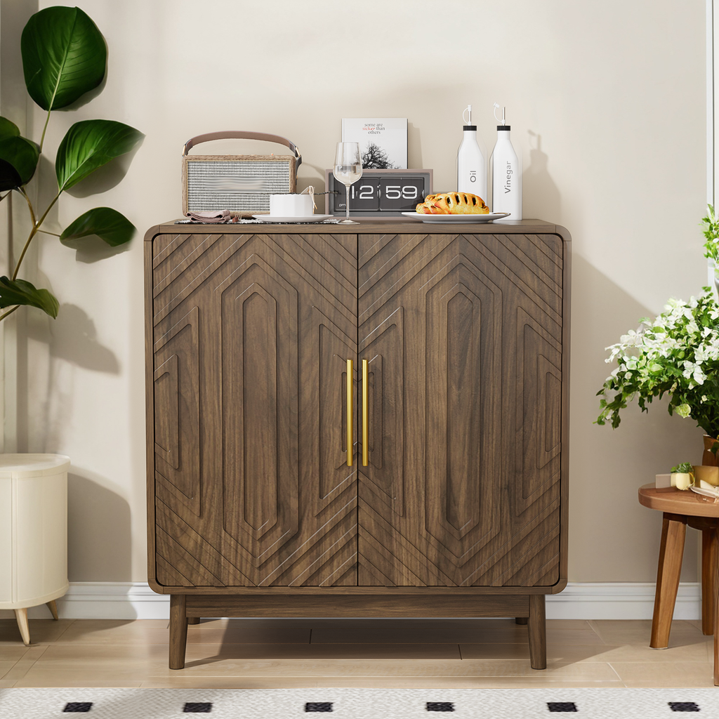 Modern Sideboard Buffet Cabinet with Carved 2 Doors and Adjustable Layer Board for Living Room and Kitchen, Walnut, MDF