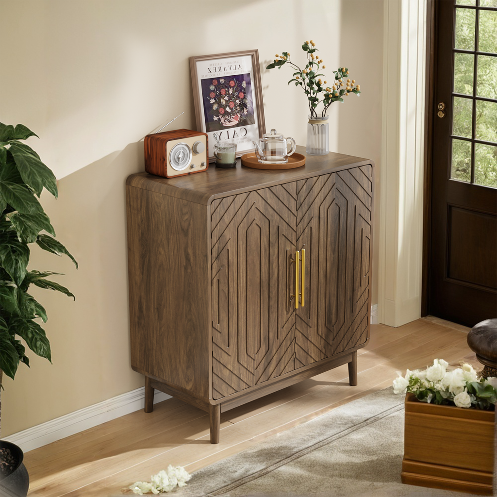 Modern Sideboard Buffet Cabinet with Carved 2 Doors and Adjustable Layer Board for Living Room and Kitchen, Walnut, MDF