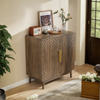 Modern Sideboard Buffet Cabinet with Carved 2 Doors and Adjustable Layer Board for Living Room and Kitchen, Walnut, MDF
