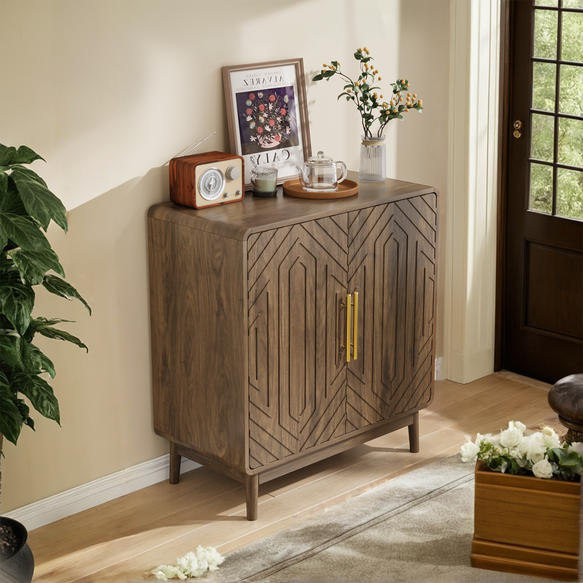 Modern Sideboard Buffet Cabinet with Carved 2 Doors and Adjustable Layer Board for Living Room and Kitchen, Walnut, MDF