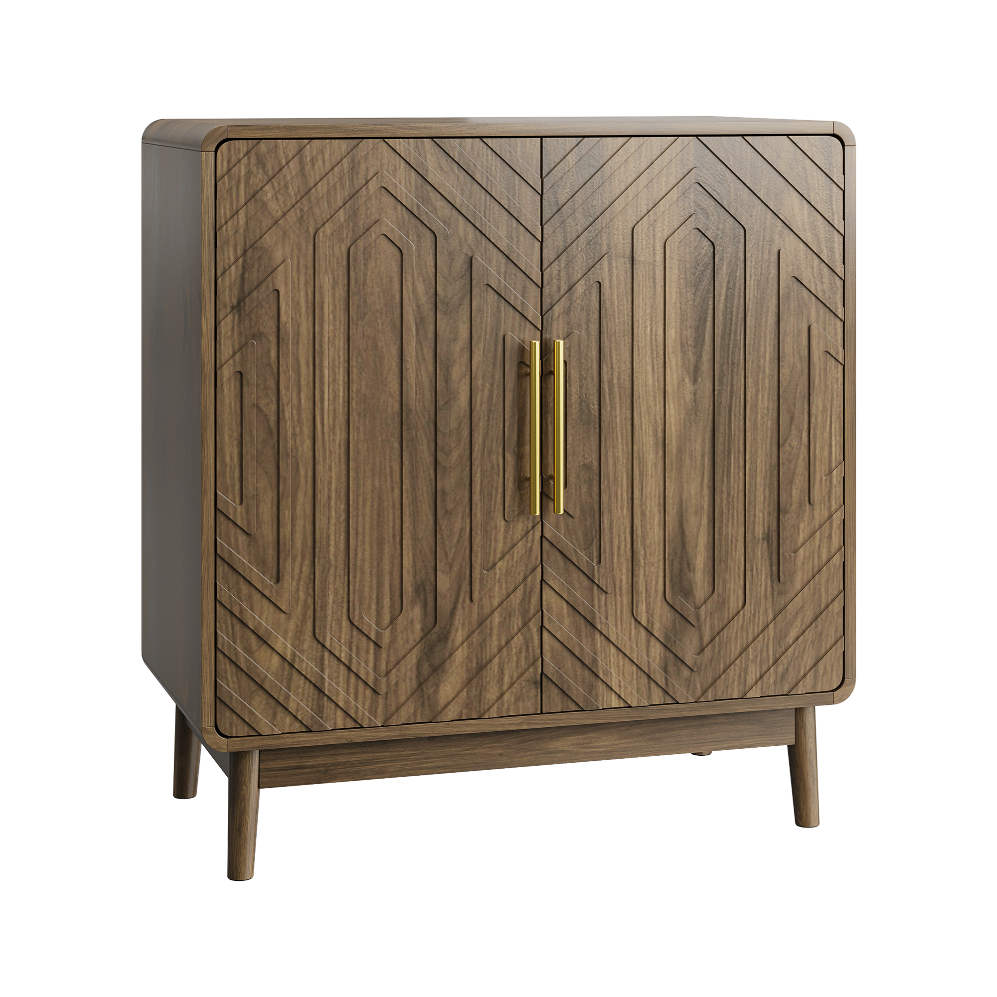 Modern Sideboard Buffet Cabinet with Carved 2 Doors and Adjustable Layer Board for Living Room and Kitchen, Walnut, MDF