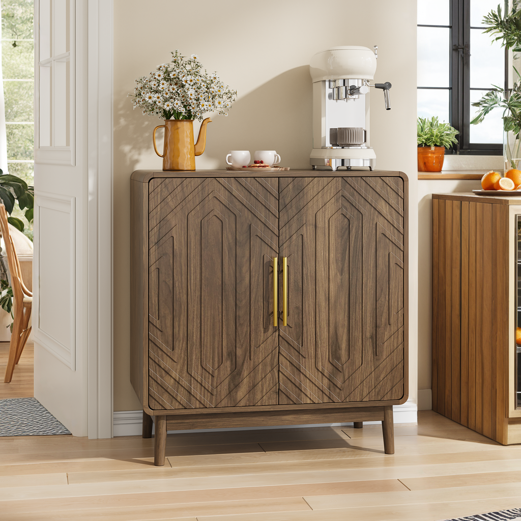 Modern Sideboard Buffet Cabinet with Carved 2 Doors and Adjustable Layer Board for Living Room and Kitchen, Walnut, MDF