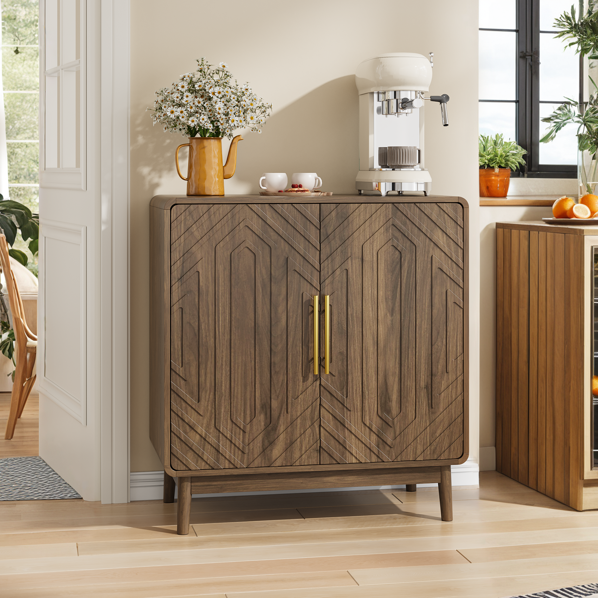 Modern Sideboard Buffet Cabinet with Carved 2 Doors and Adjustable Layer Board for Living Room and Kitchen, Walnut, MDF
