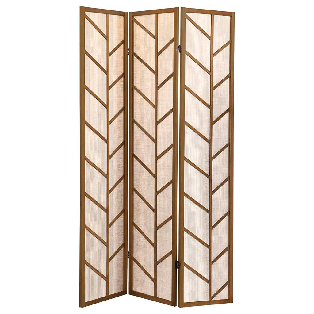 Modern Walnut and Linen Foldable 3-Panel Privacy Screen.