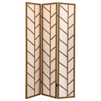 Modern Walnut and Linen Foldable 3-Panel Privacy Screen.
