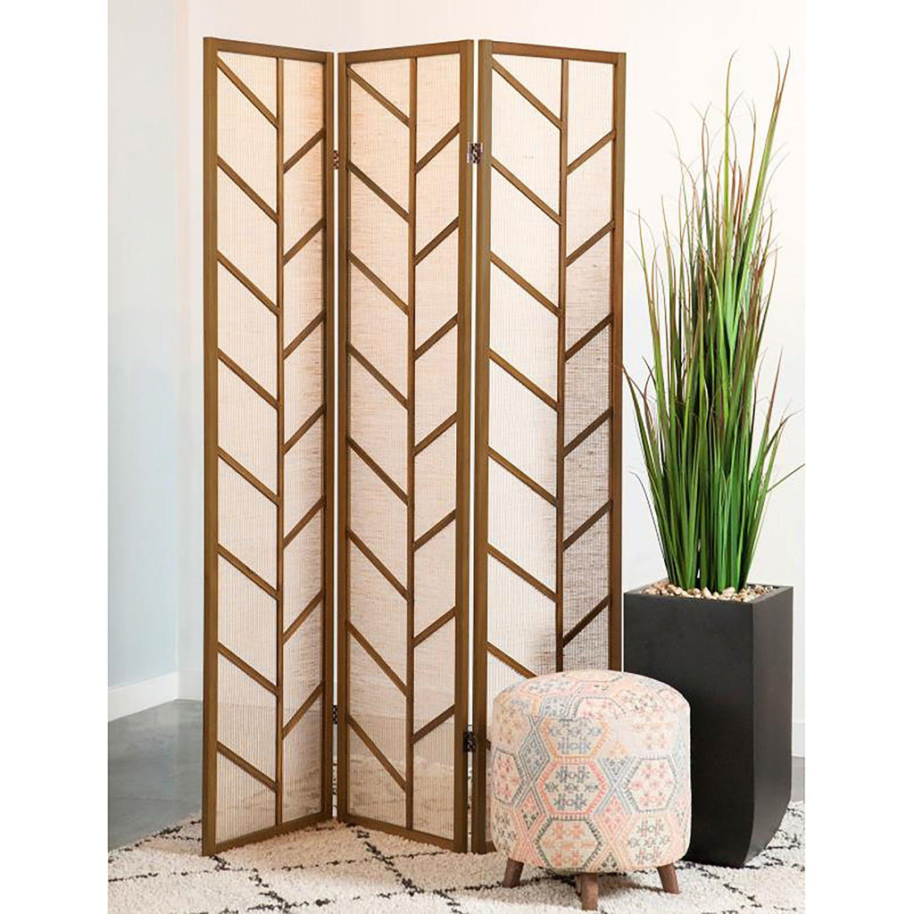 Modern Walnut and Linen Foldable 3-Panel Privacy Screen.
