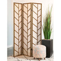 Modern Walnut and Linen Foldable 3-Panel Privacy Screen.