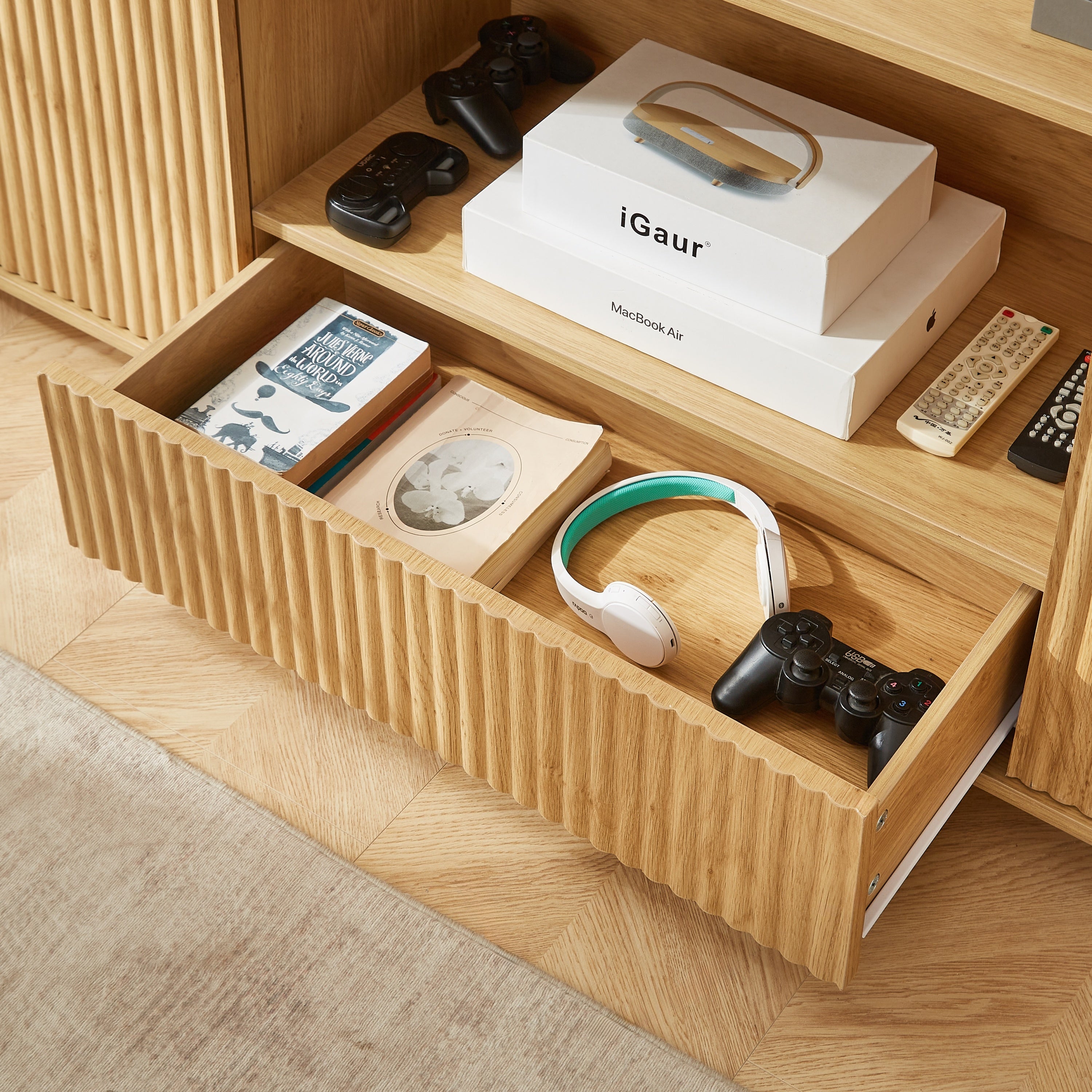 Modern Wavy TV Stand, Rounded Sideboard with Storage, Natural Particleboard and MDF, 64''W x 15''D x 24''H