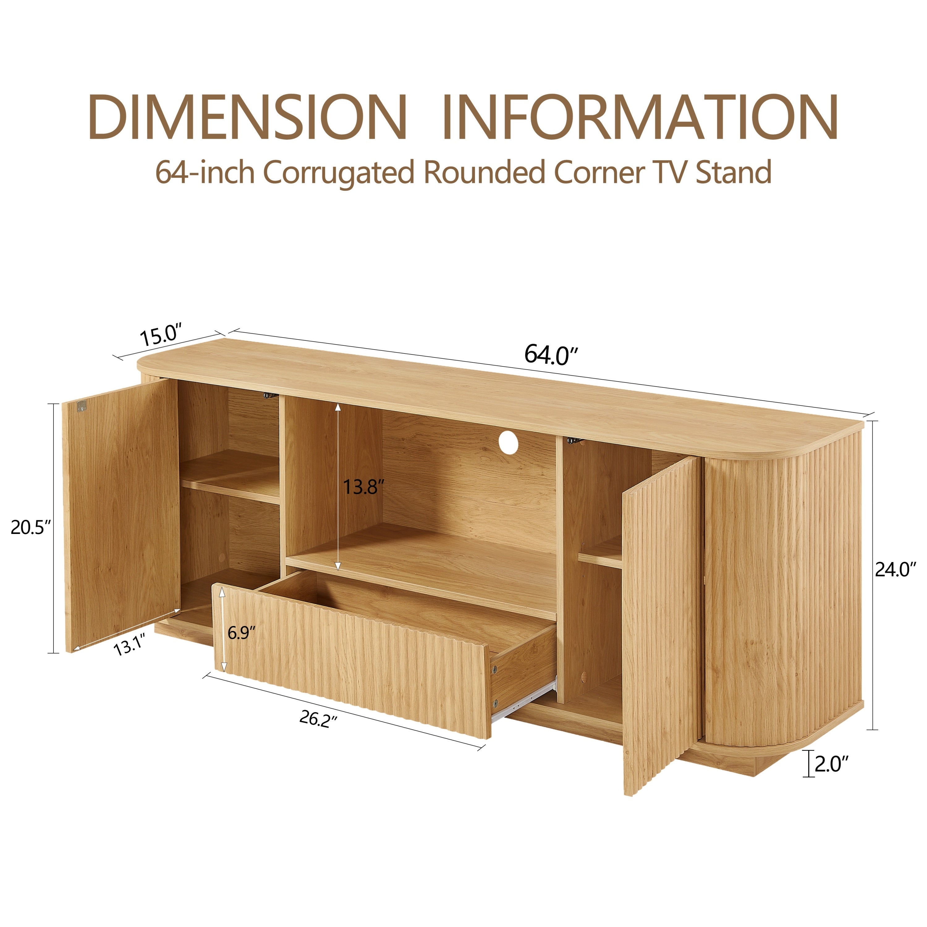 Modern Wavy TV Stand, Rounded Sideboard with Storage, Natural Particleboard and MDF, 64''W x 15''D x 24''H
