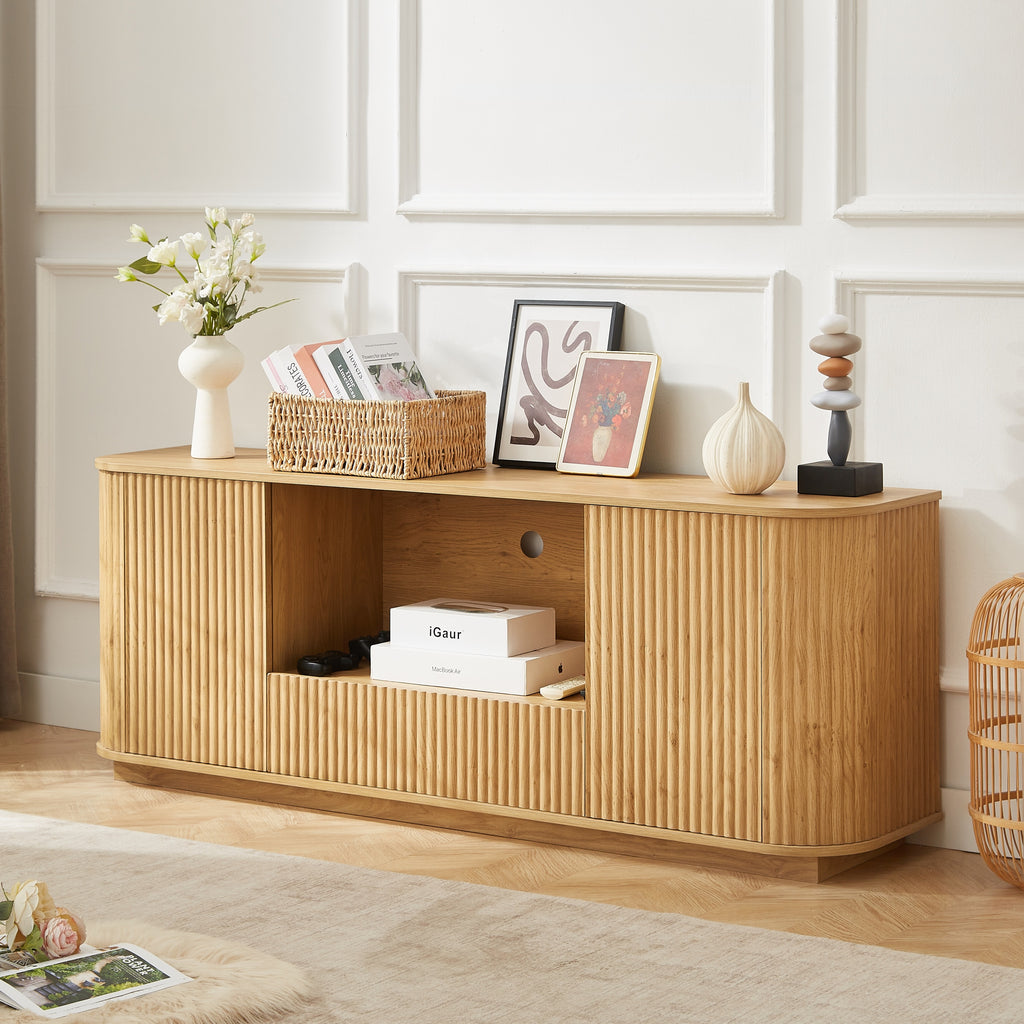 Modern Wavy TV Stand, Rounded Sideboard with Storage, Natural Particleboard and MDF, 64''W x 15''D x 24''H
