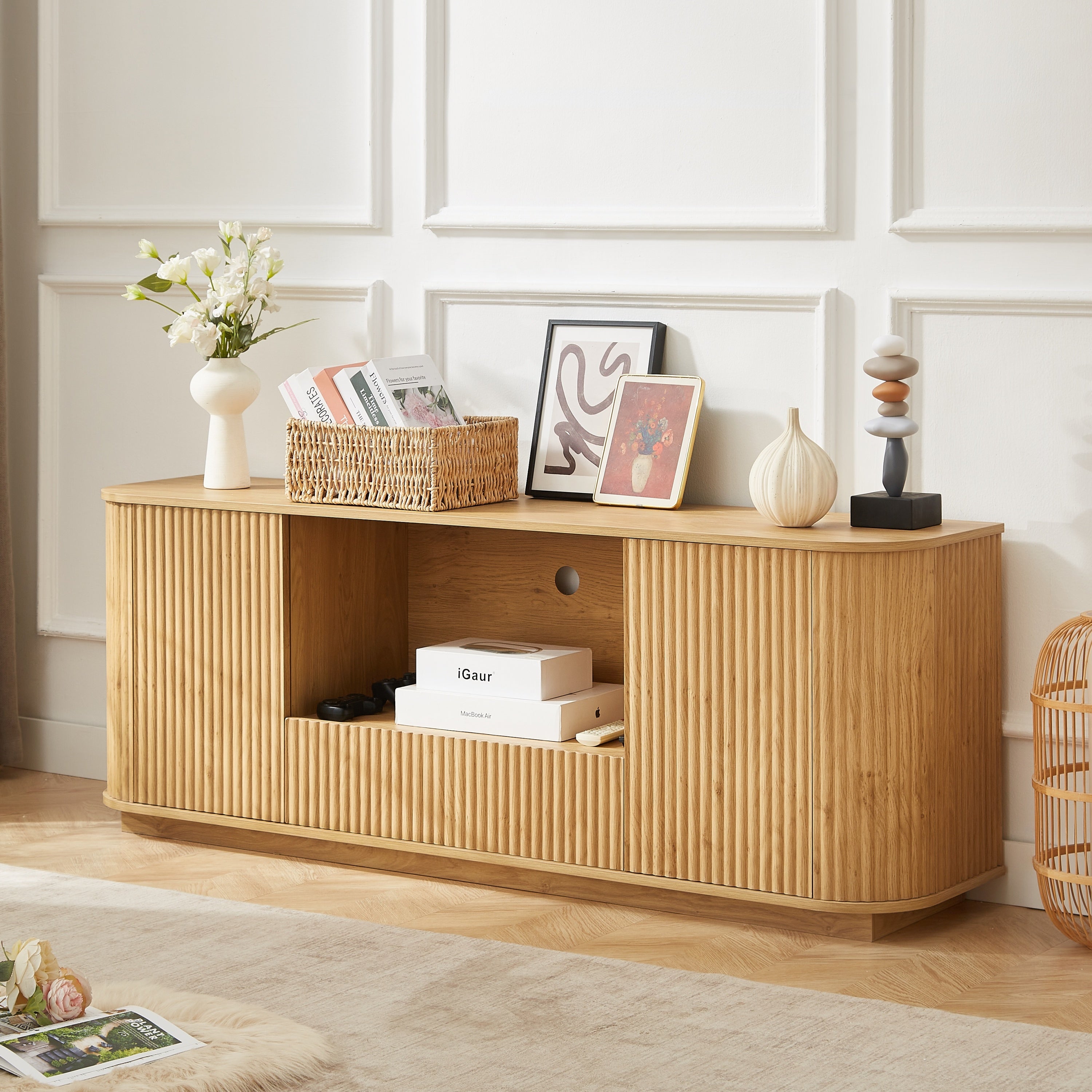 Modern Wavy TV Stand, Rounded Sideboard with Storage, Natural Particleboard and MDF, 64''W x 15''D x 24''H