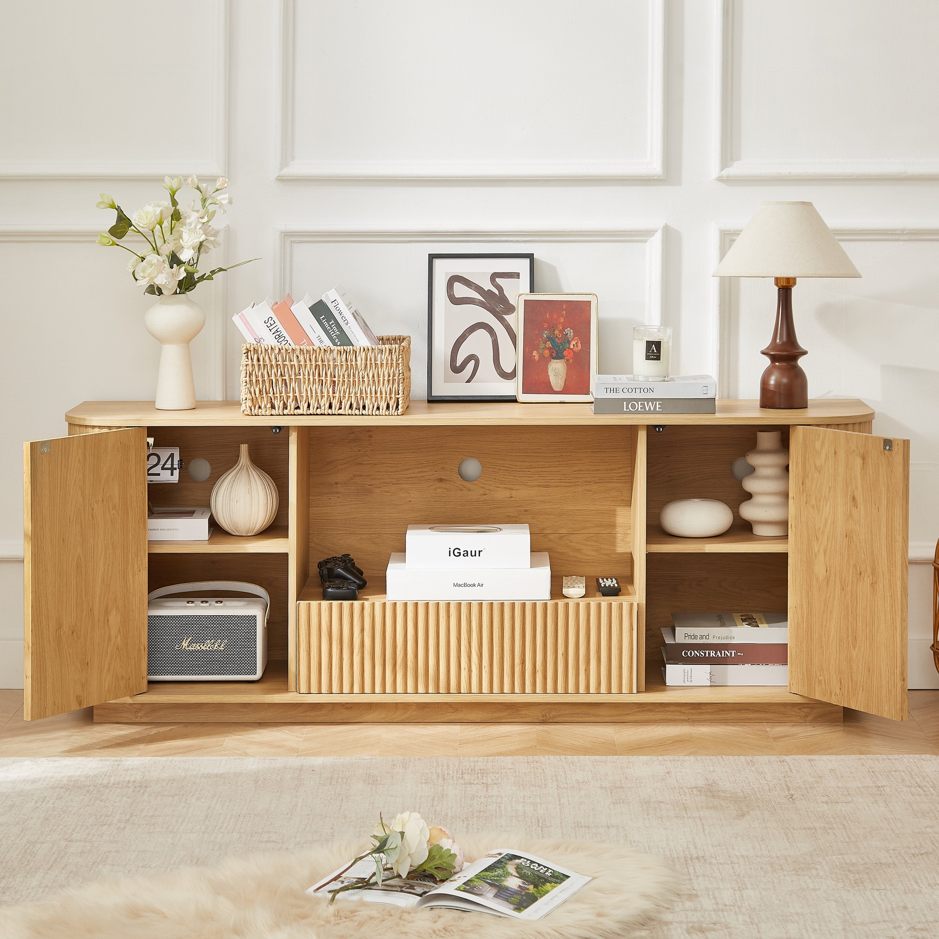 Modern Wavy TV Stand, Rounded Sideboard with Storage, Natural Particleboard and MDF, 64''W x 15''D x 24''H