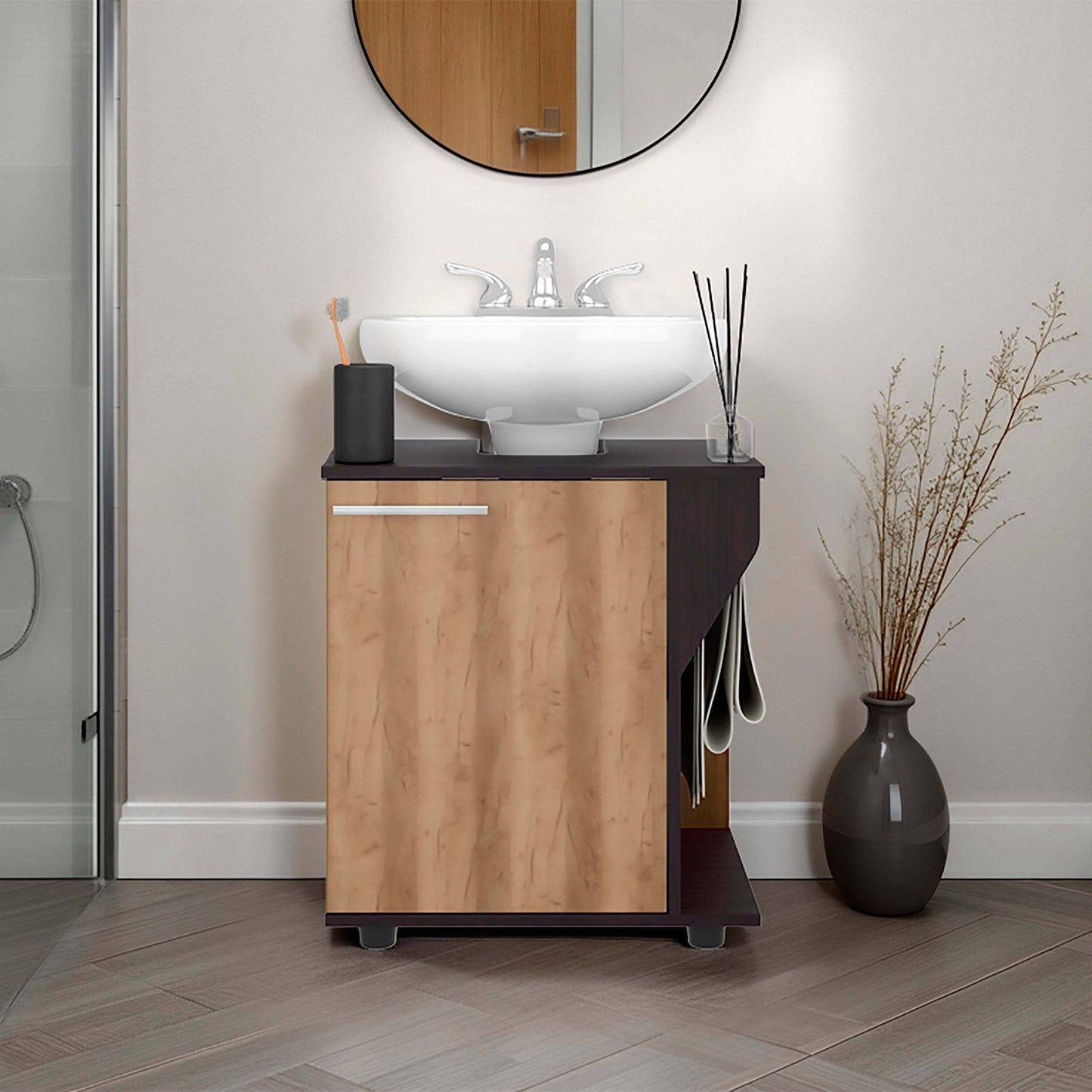 Wenge and Natural Oak Under Sink Storage Cabinet with Two Shelf Bathroom Cabinets