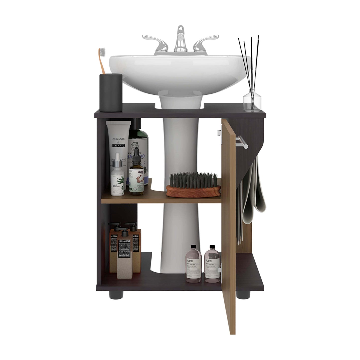 Wenge and Natural Oak Under Sink Storage Cabinet with Two Shelf Bathroom Cabinets