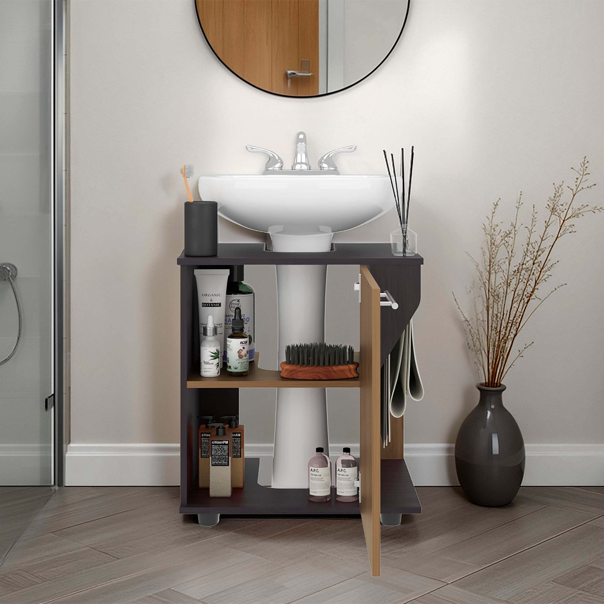 Wenge and Natural Oak Under Sink Storage Cabinet with Two Shelf Bathroom Cabinets