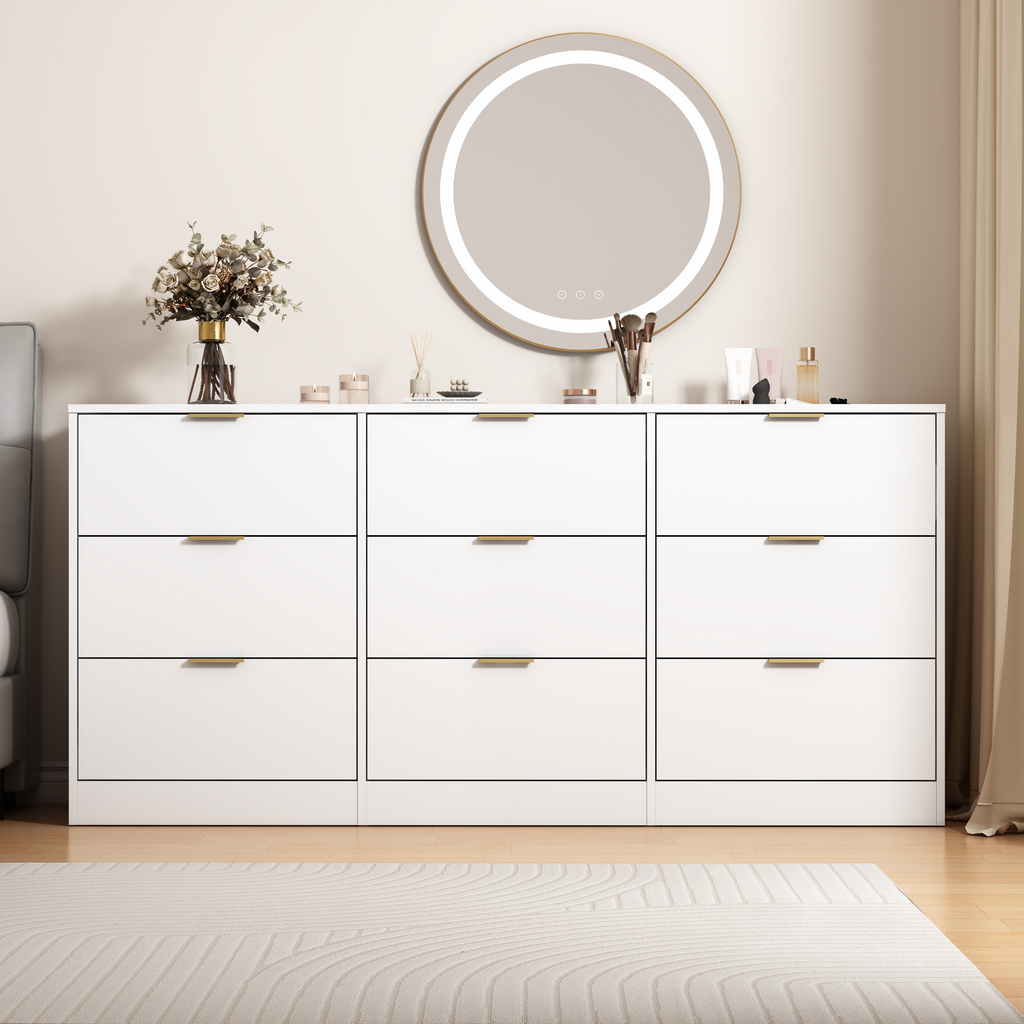 White 9 Drawer Dresser, Deep Chest of Drawers, Wooden Dresser Storage Cabinet for Bedroom, Hallway Dresser