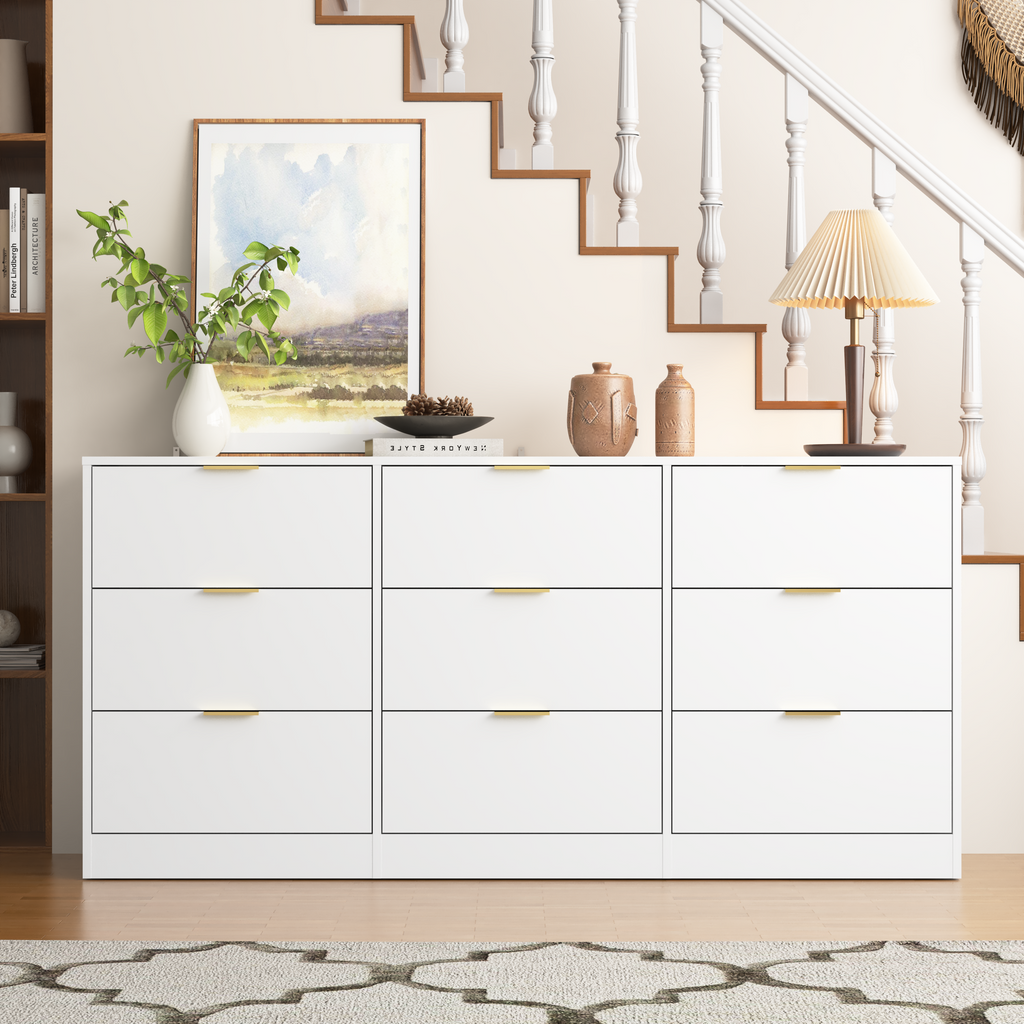 White 9 Drawer Dresser, Deep Chest of Drawers, Wooden Dresser Storage Cabinet for Bedroom, Hallway Dresser