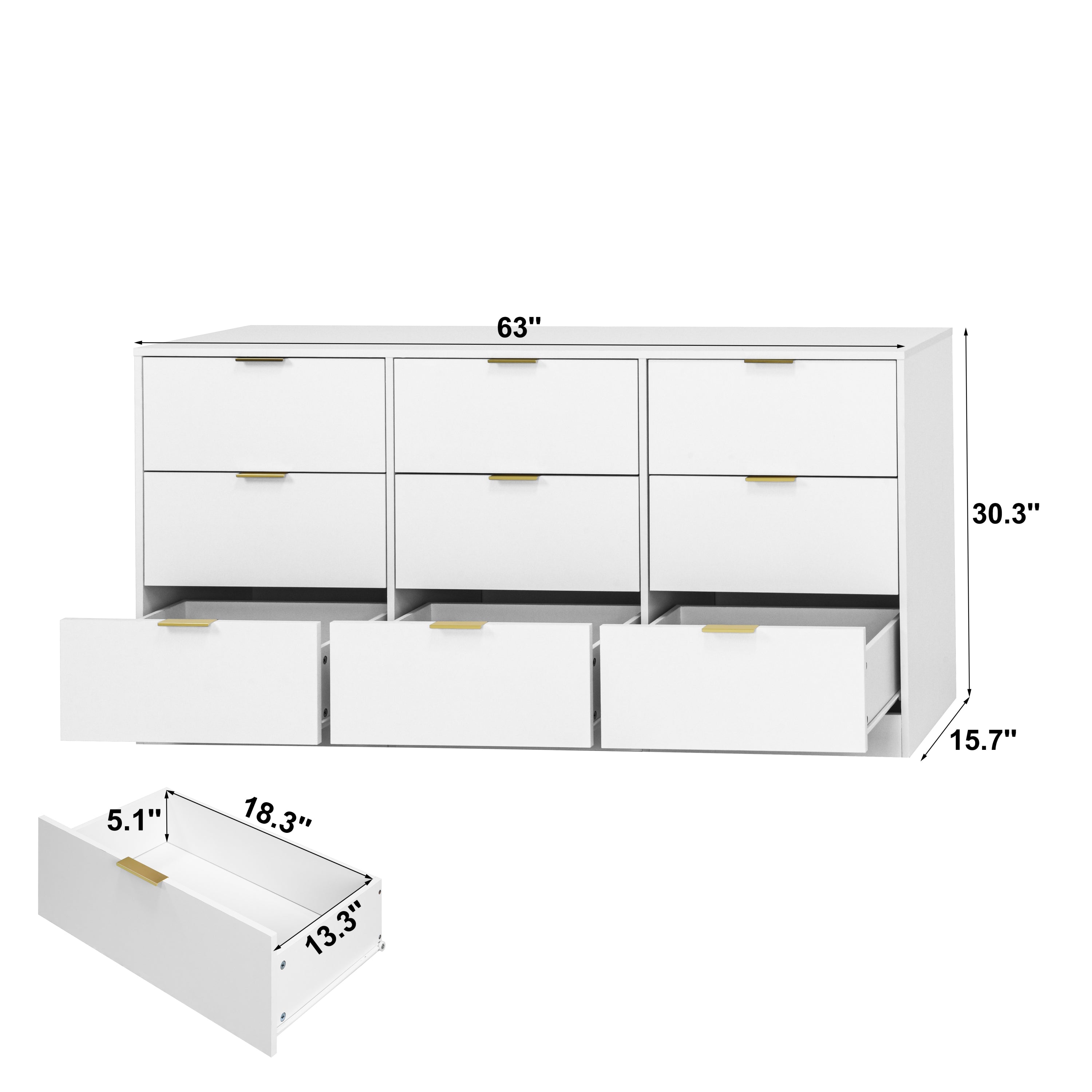 White 9 Drawer Dresser, Deep Chest of Drawers, Wooden Dresser Storage Cabinet for Bedroom, Hallway Dresser