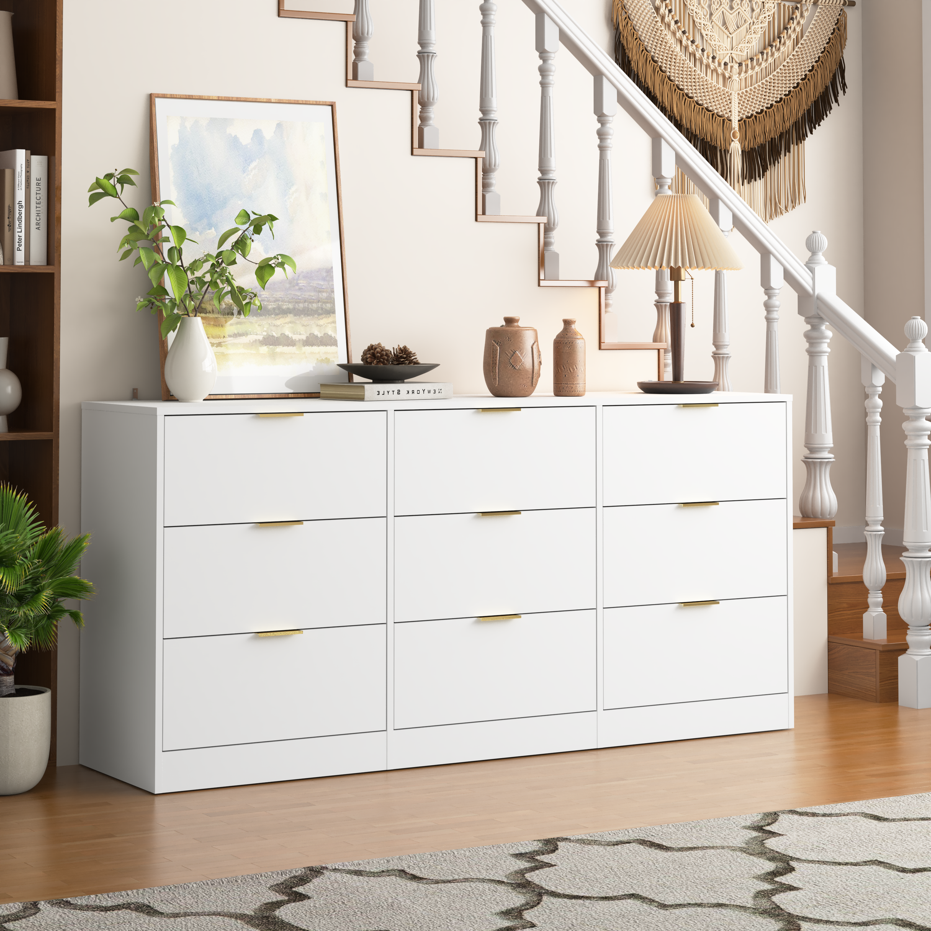 White 9 Drawer Dresser, Deep Chest of Drawers, Wooden Dresser Storage Cabinet for Bedroom, Hallway Dresser