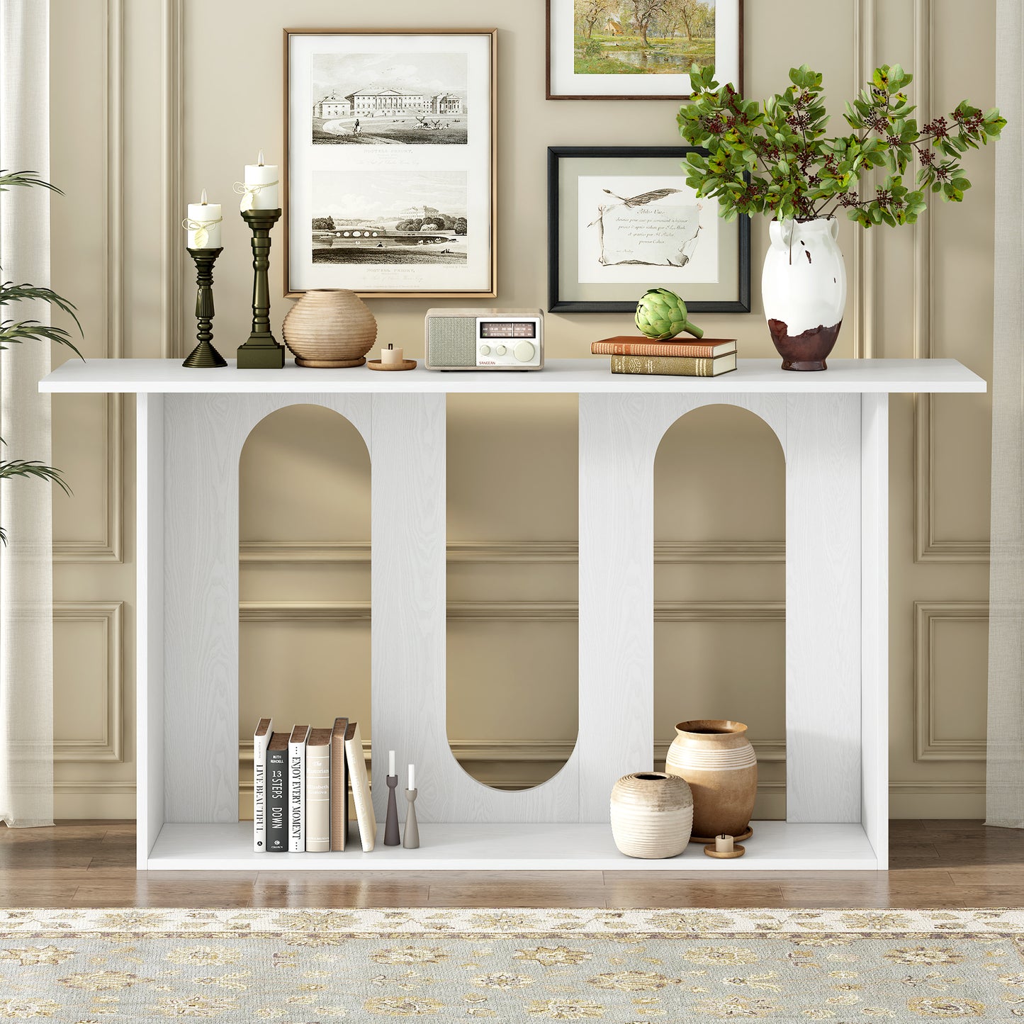 U_STYLE Modern and Curved Design Ash Veneer Console Table with Shelf,Suitable for Entryway,Hallway Living Room,Foyer,Corridor