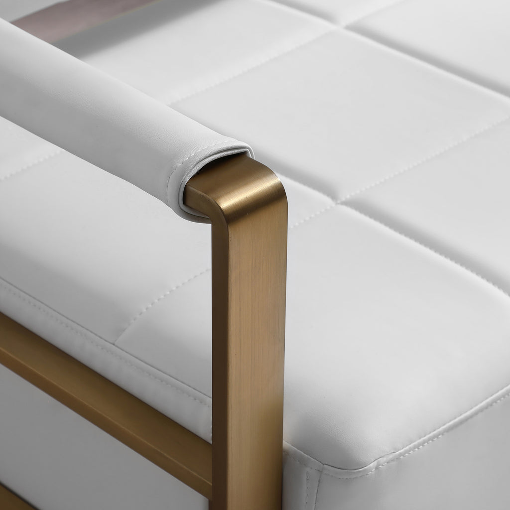 57.9 Width Modern Upholstery Faux Bonded Leather Loveseat Sofa for Living Room Accent Love Seats for Small Spaces 2 Seater Couch Sofa Office Apartment Studio Furniture with Golden Metal Arms,White