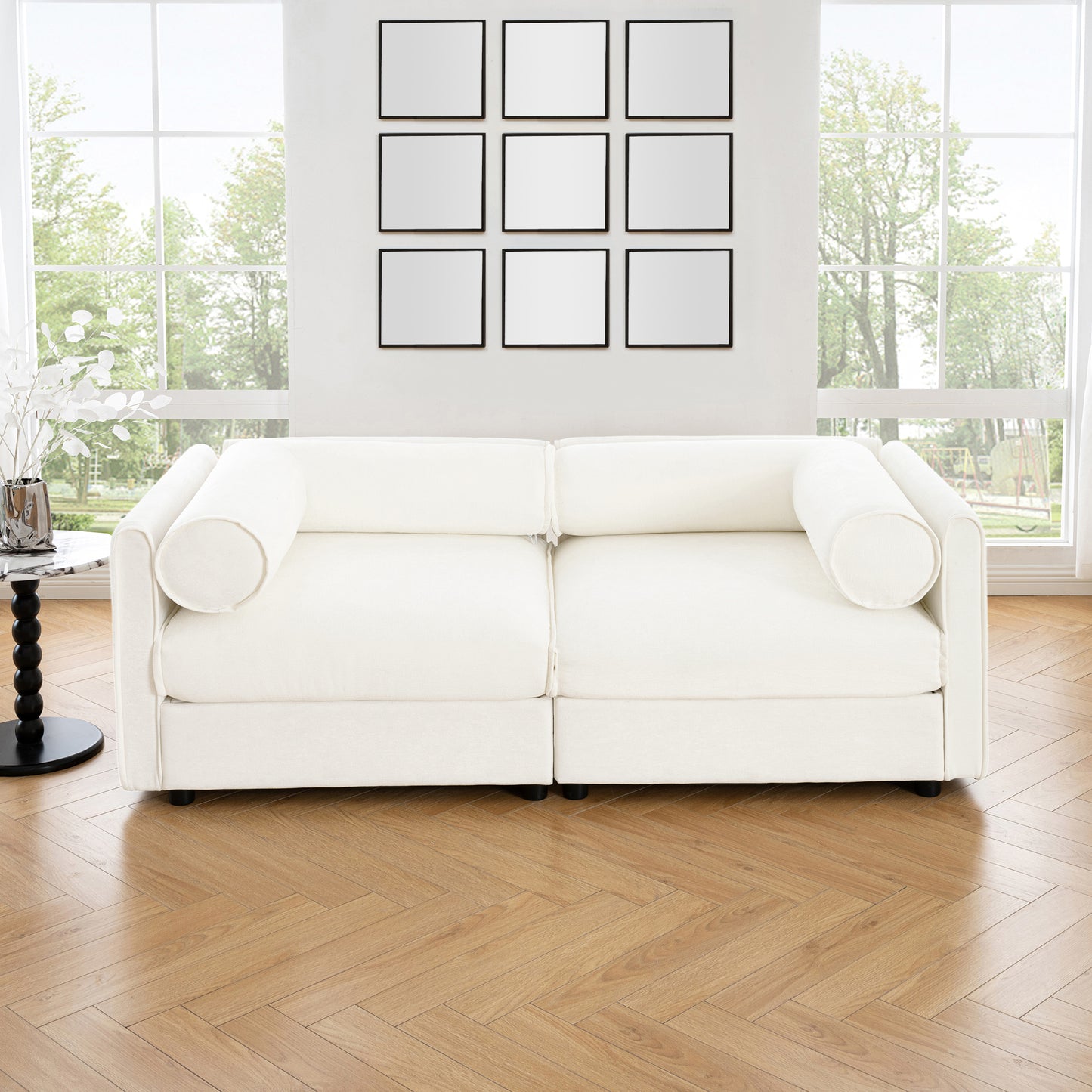 Stylish White Chenille 2-Seater Sofa with Storage Seat, Cylindrical Backrest and Armrests, Modern Fabric Loveseat Featuring Hidden Storage Space