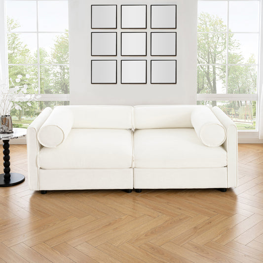 Stylish White Chenille 2-Seater Sofa with Storage Seat, Cylindrical Backrest and Armrests, Modern Fabric Loveseat Featuring Hidden Storage Space