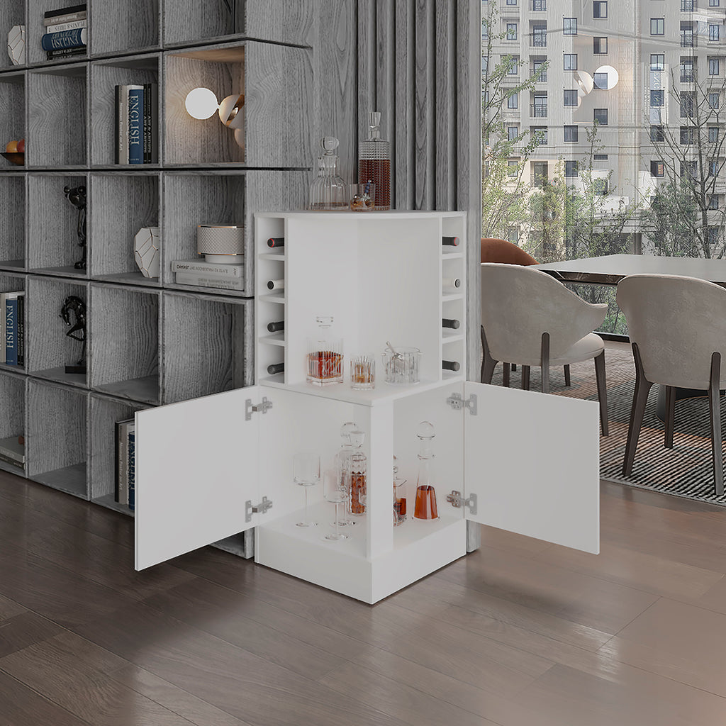 Jakes 42 Tall Corner Bar Cabinet with Eight Wine Bottle Cubbies and Double Door cabinet, Living Room, Liquor Cabinet, Storage Cabinet White