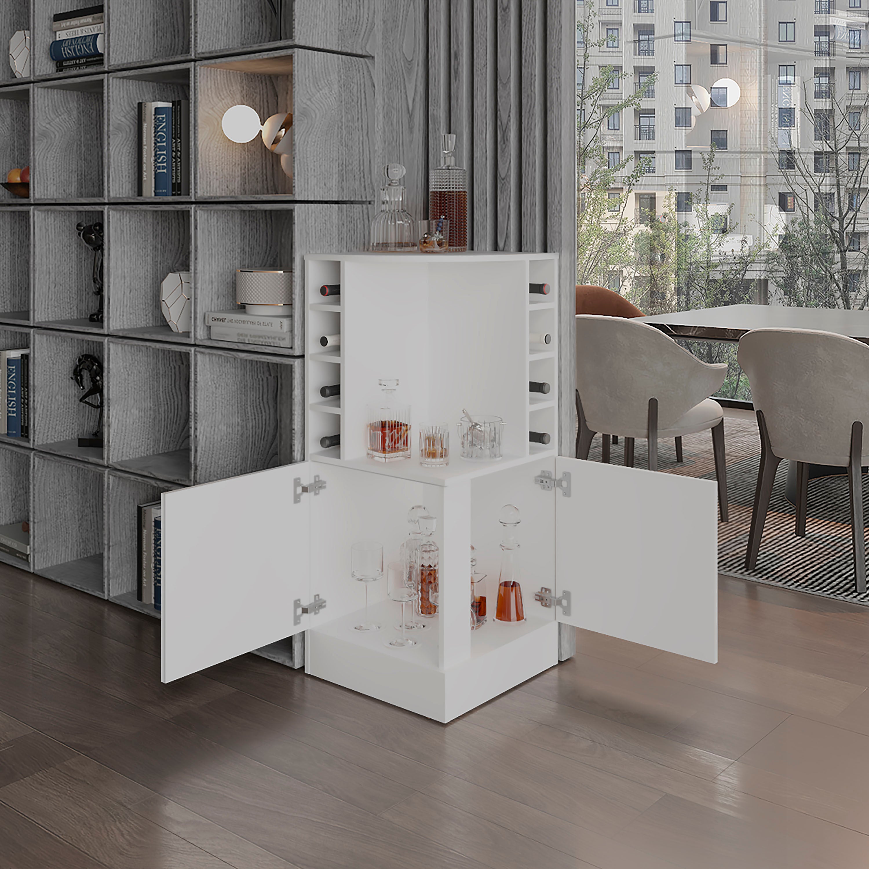 Jakes 42 Tall Corner Bar Cabinet with Eight Wine Bottle Cubbies and Double Door cabinet, Living Room, Liquor Cabinet, Storage Cabinet White