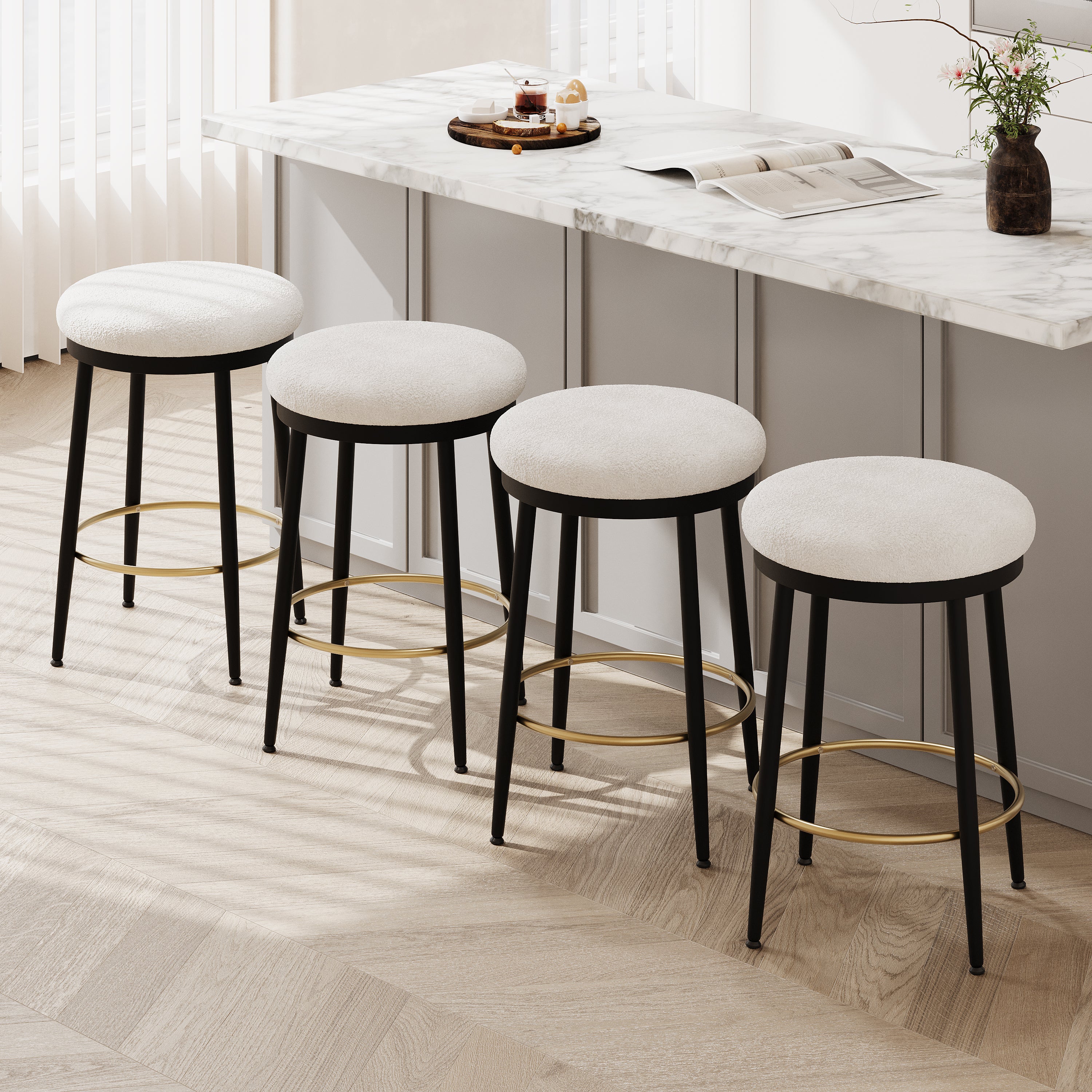 24.75'' Modern Counter Stools Set of 4,White Counter Stools with iron Frame,Sponge cushion,Footrest,suitable for Kitchen/Bedroom/Dining Room.