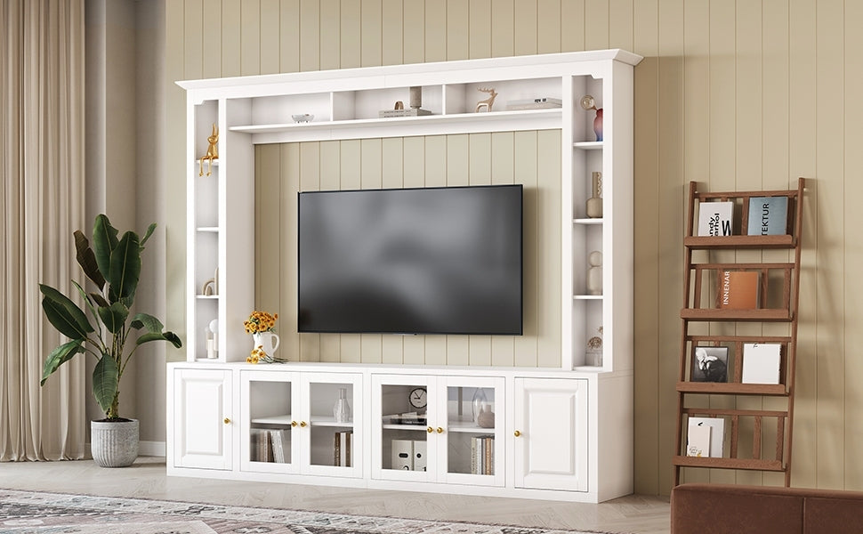 4-Piece Modern Entertainment Center Wall Unit with Bookshelves, All-in-1 Large TV Stand with Tempered Glass Door for TVs Up to 80', 92inch Media Console with Adjustable Shelves for Living Room, White