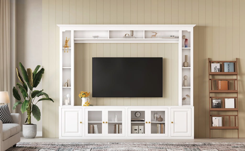 4-Piece Modern Entertainment Center Wall Unit with Bookshelves, All-in-1 Large TV Stand with Tempered Glass Door for TVs Up to 80', 92inch Media Console with Adjustable Shelves for Living Room, White