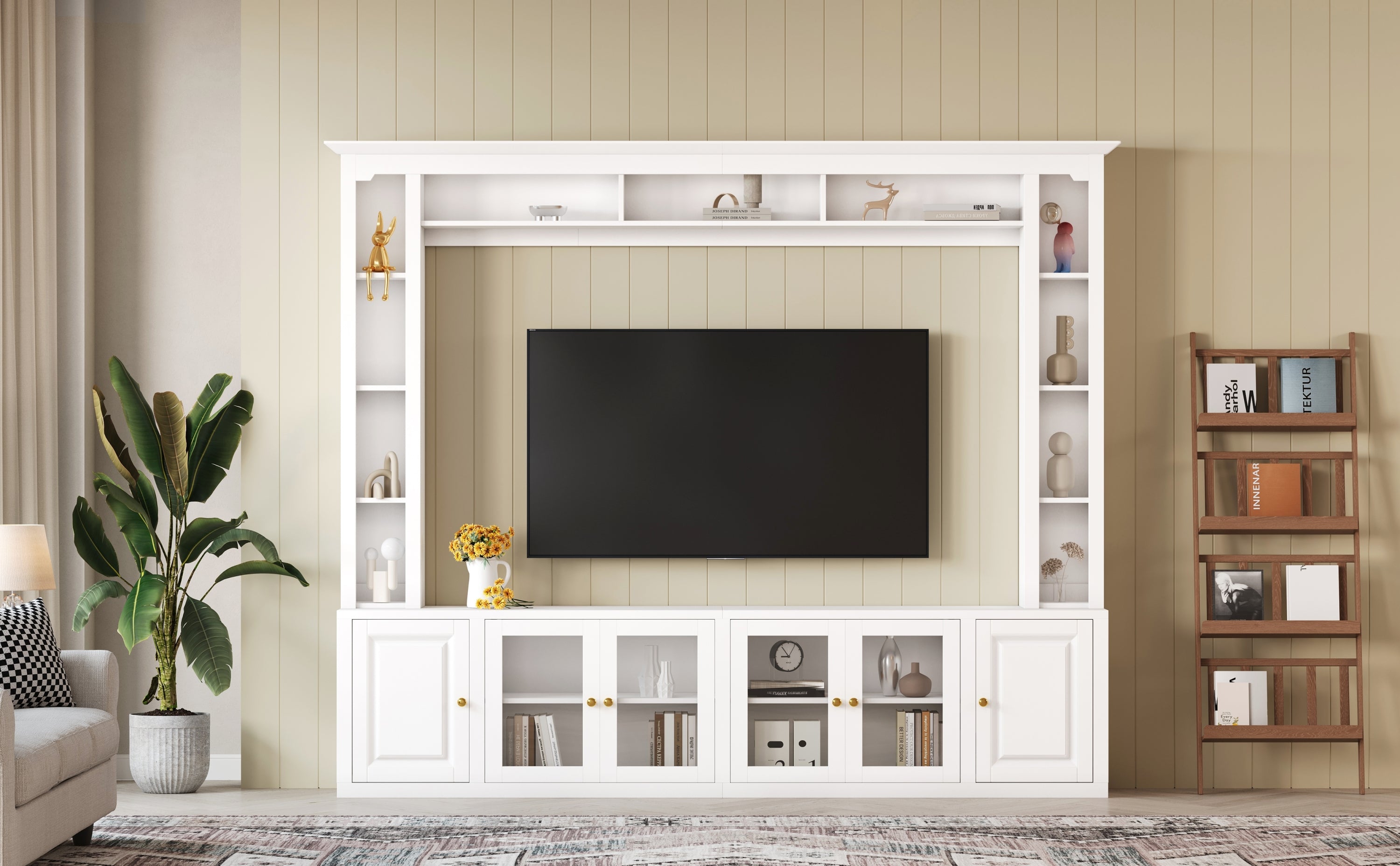 4-Piece Modern Entertainment Center Wall Unit with Bookshelves, All-in-1 Large TV Stand with Tempered Glass Door for TVs Up to 80', 92inch Media Console with Adjustable Shelves for Living Room, White